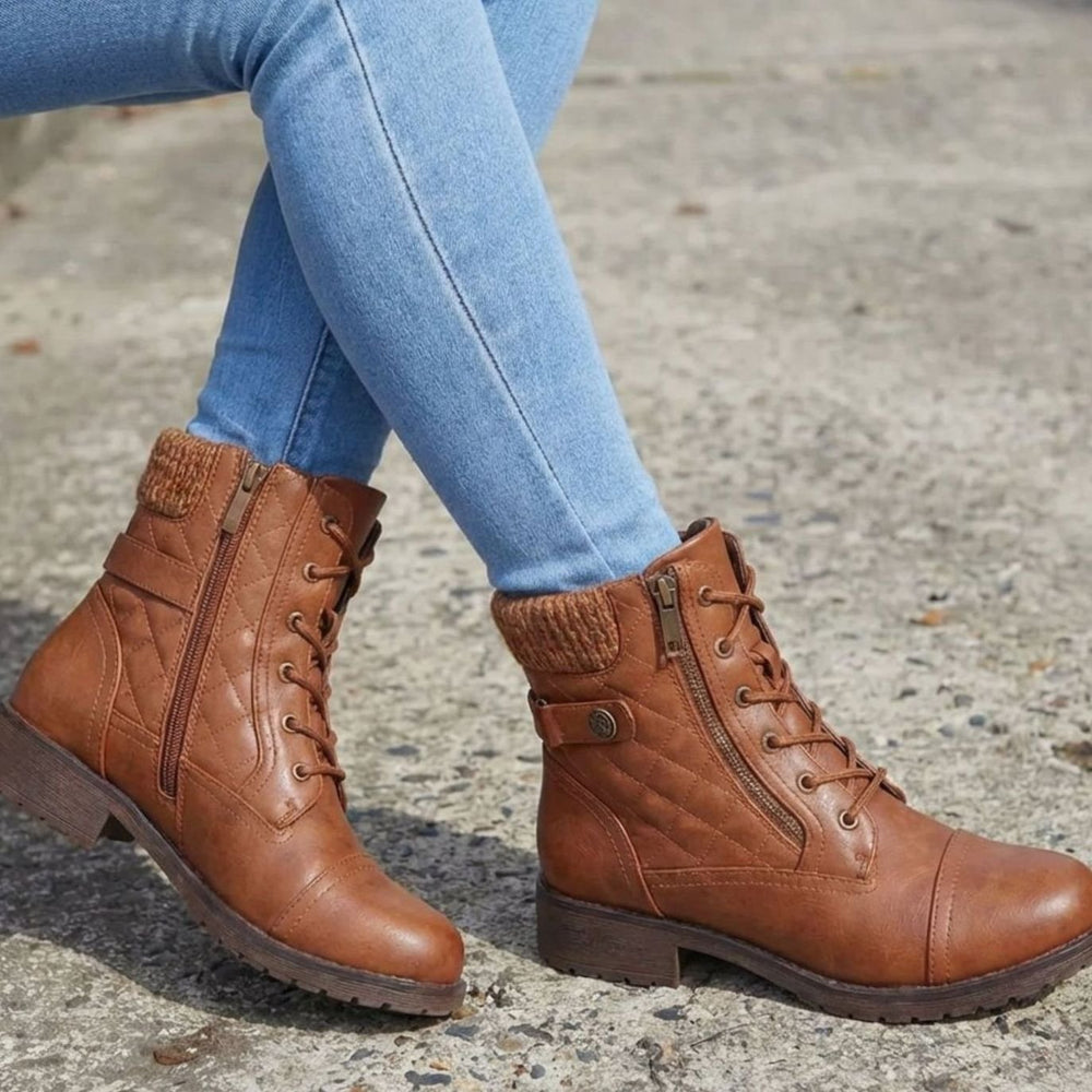 Women's Quilted Block Heel Ankle Boots Lace-Up Side Zip