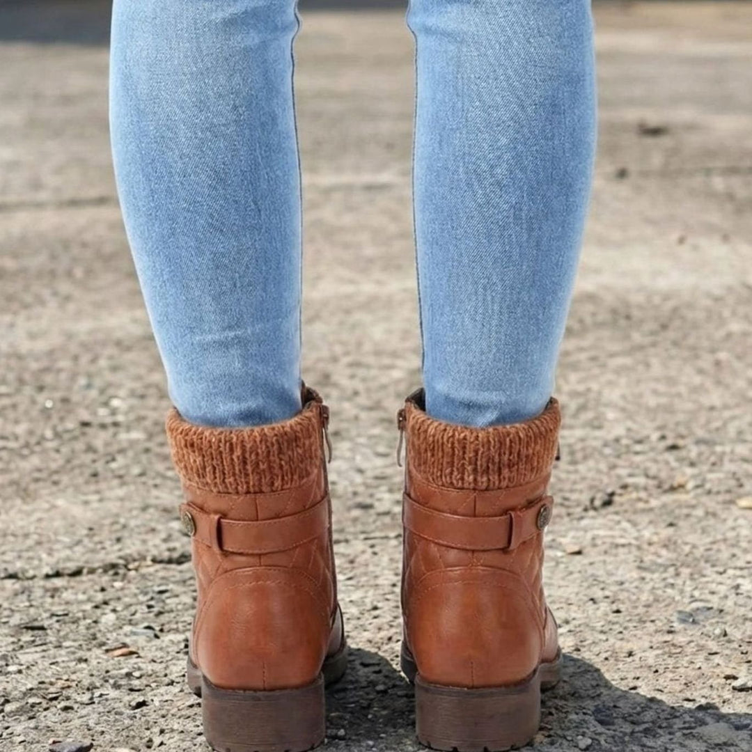 Women's Quilted Block Heel Ankle Boots Lace-Up Side Zip