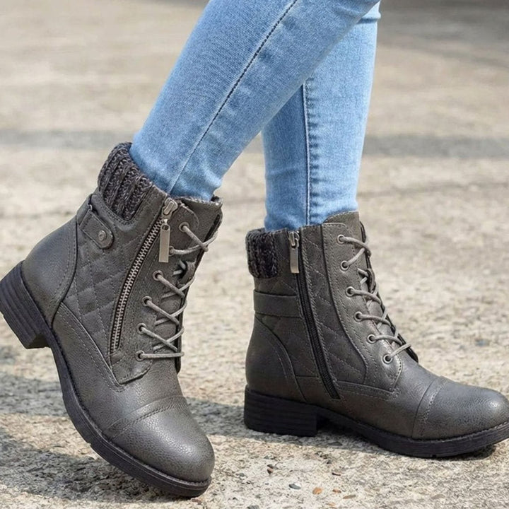 Women's Quilted Block Heel Ankle Boots Lace-Up Side Zip