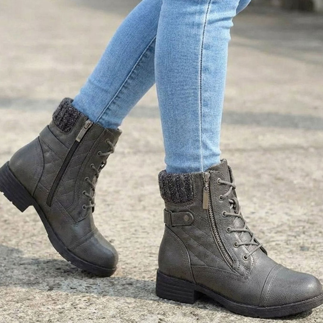 Women's Quilted Block Heel Ankle Boots Lace-Up Side Zip