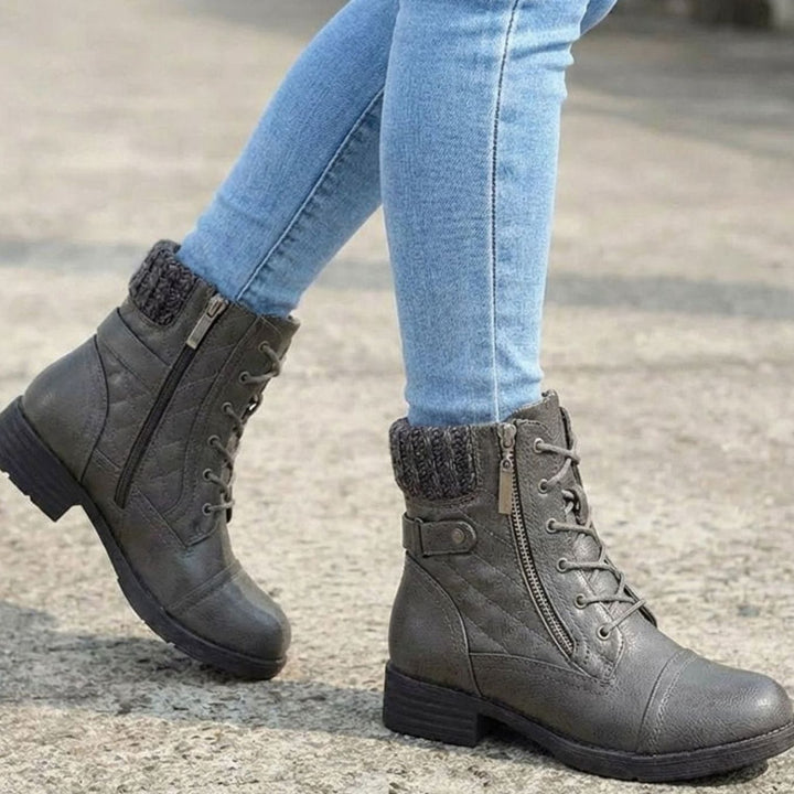 Women's Quilted Block Heel Ankle Boots Lace-Up Side Zip