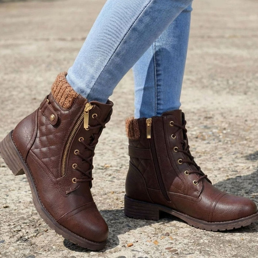 Women's Quilted Block Heel Ankle Boots Lace-Up Side Zip
