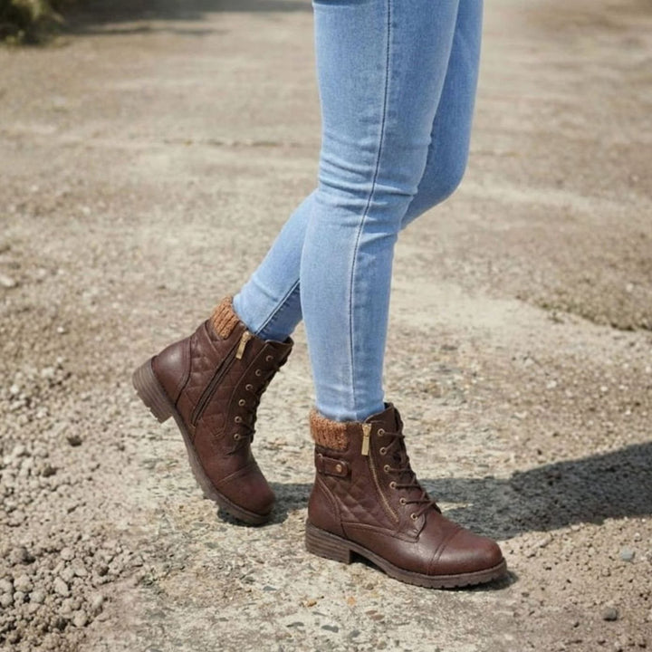 Women's Quilted Block Heel Ankle Boots Lace-Up Side Zip