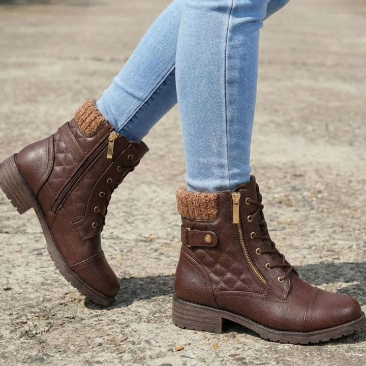 Women's Quilted Block Heel Ankle Boots Lace-Up Side Zip