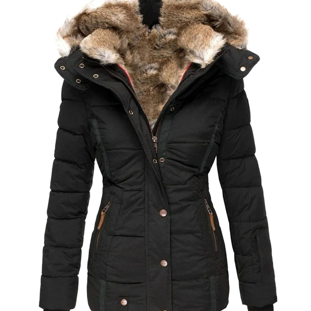 Women's Quilted Faux-Fur Hooded Slim-Fit Winter Puffer Jacket - Black