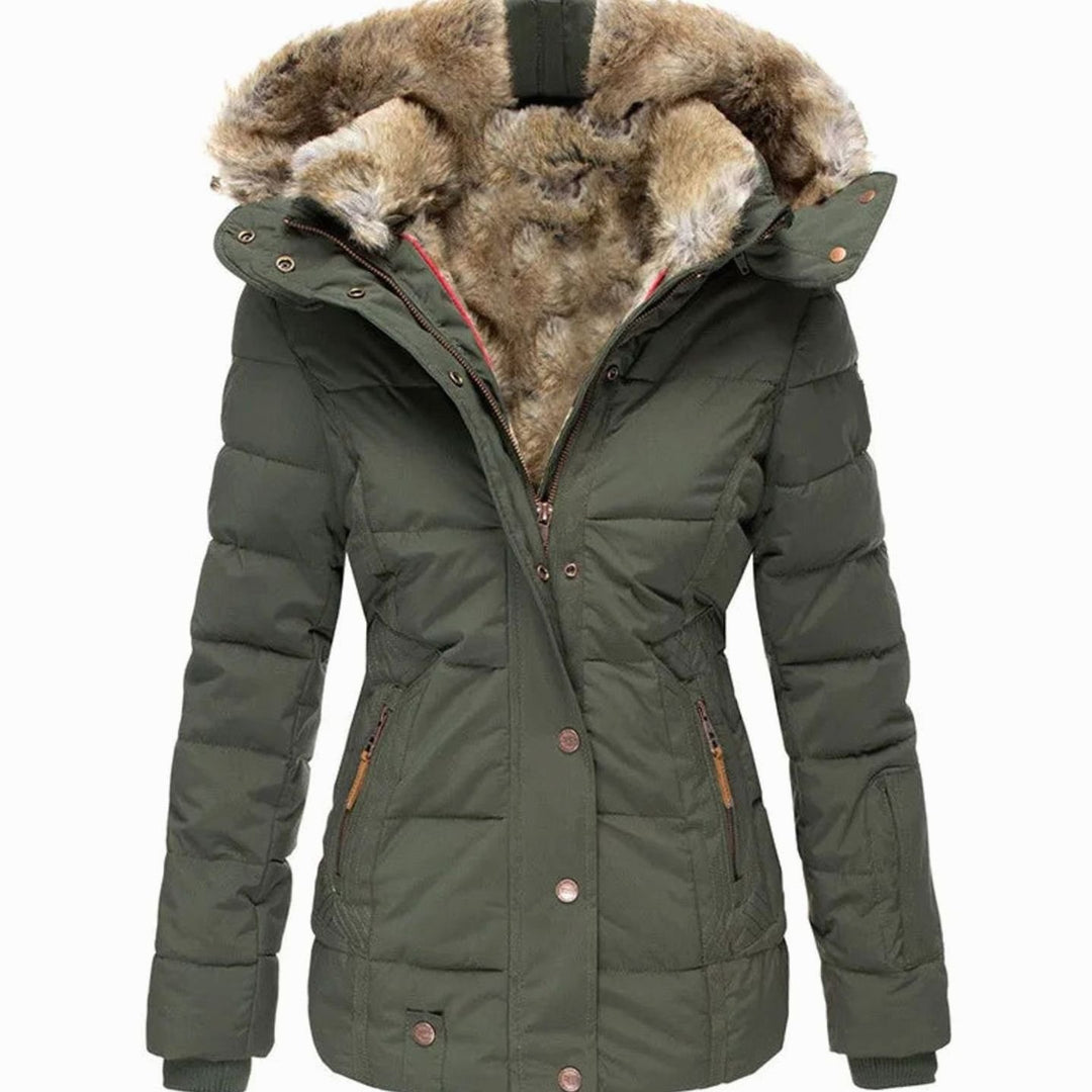 Women's Quilted Faux-Fur Hooded Slim-Fit Winter Puffer Jacket - Green
