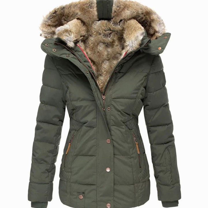 Women's Quilted Faux-Fur Hooded Slim-Fit Winter Puffer Jacket - Green