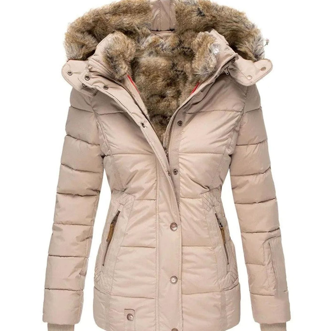 Women's Quilted Faux-Fur Hooded Slim-Fit Winter Puffer Jacket - Beige