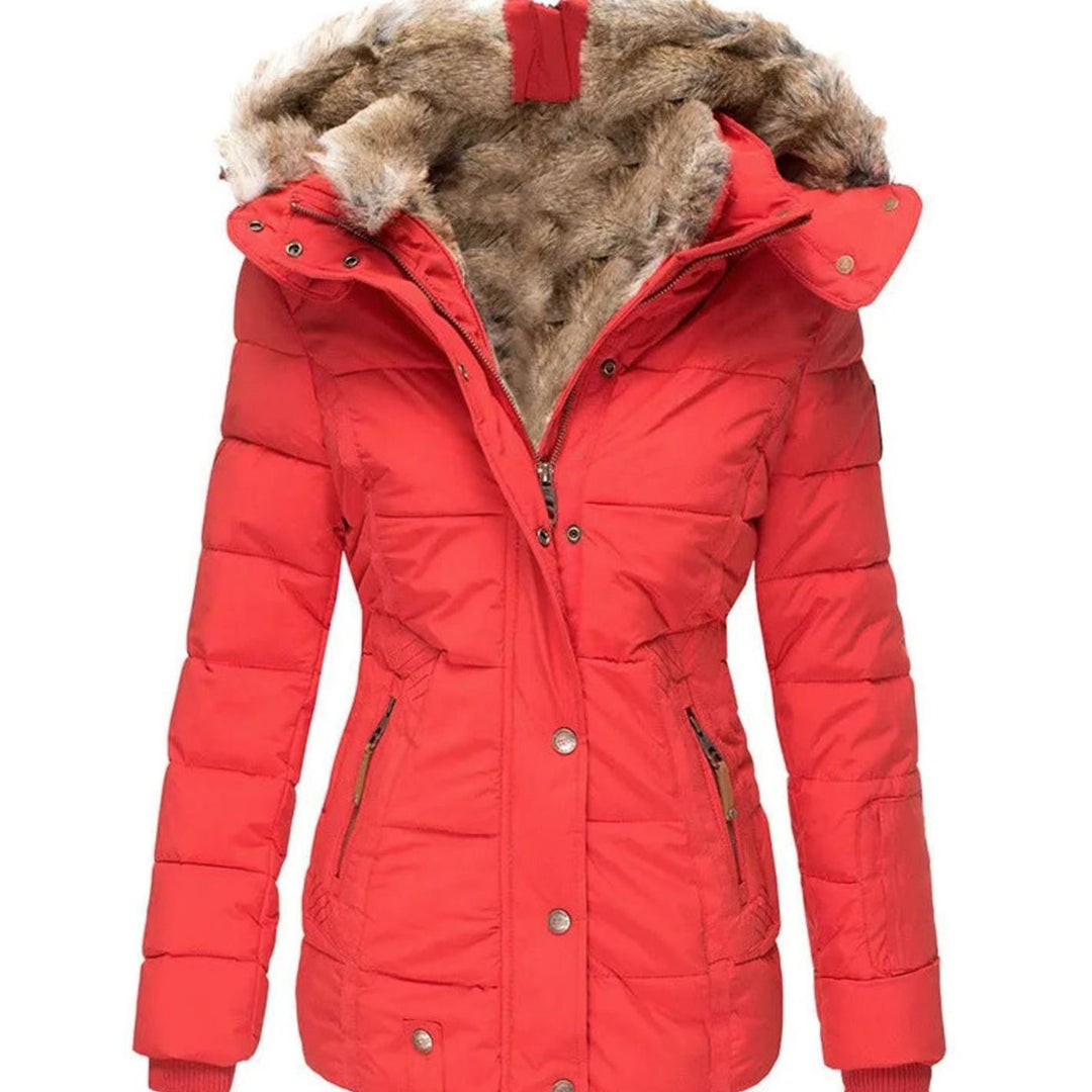 Women's Quilted Faux-Fur Hooded Slim-Fit Winter Puffer Jacket - Red