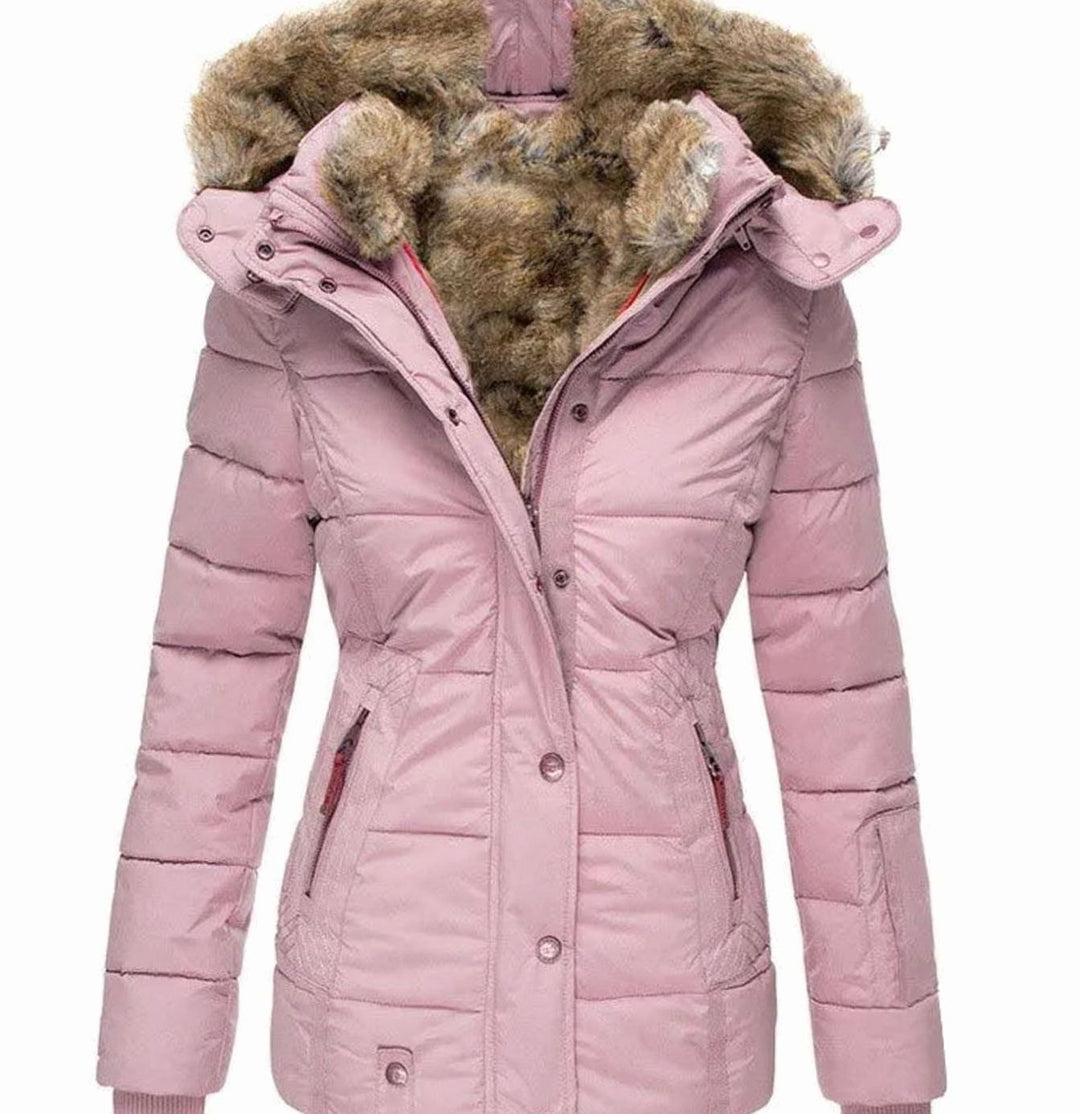 Women's Quilted Faux-Fur Hooded Slim-Fit Winter Puffer Jacket - Pink