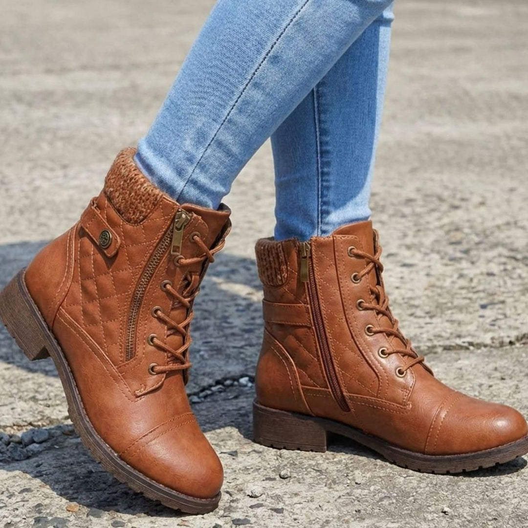 Women's Quilted Faux Leather Block Heel Ankle Boots Side Zip