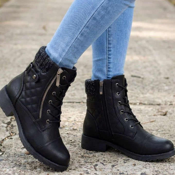 Women's Quilted Faux Leather Block Heel Ankle Boots Side Zip
