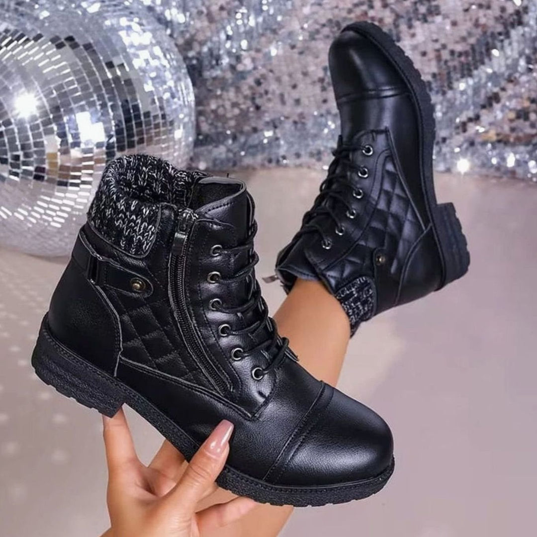 Women's Quilted Faux Leather Block Heel Ankle Boots Side Zip