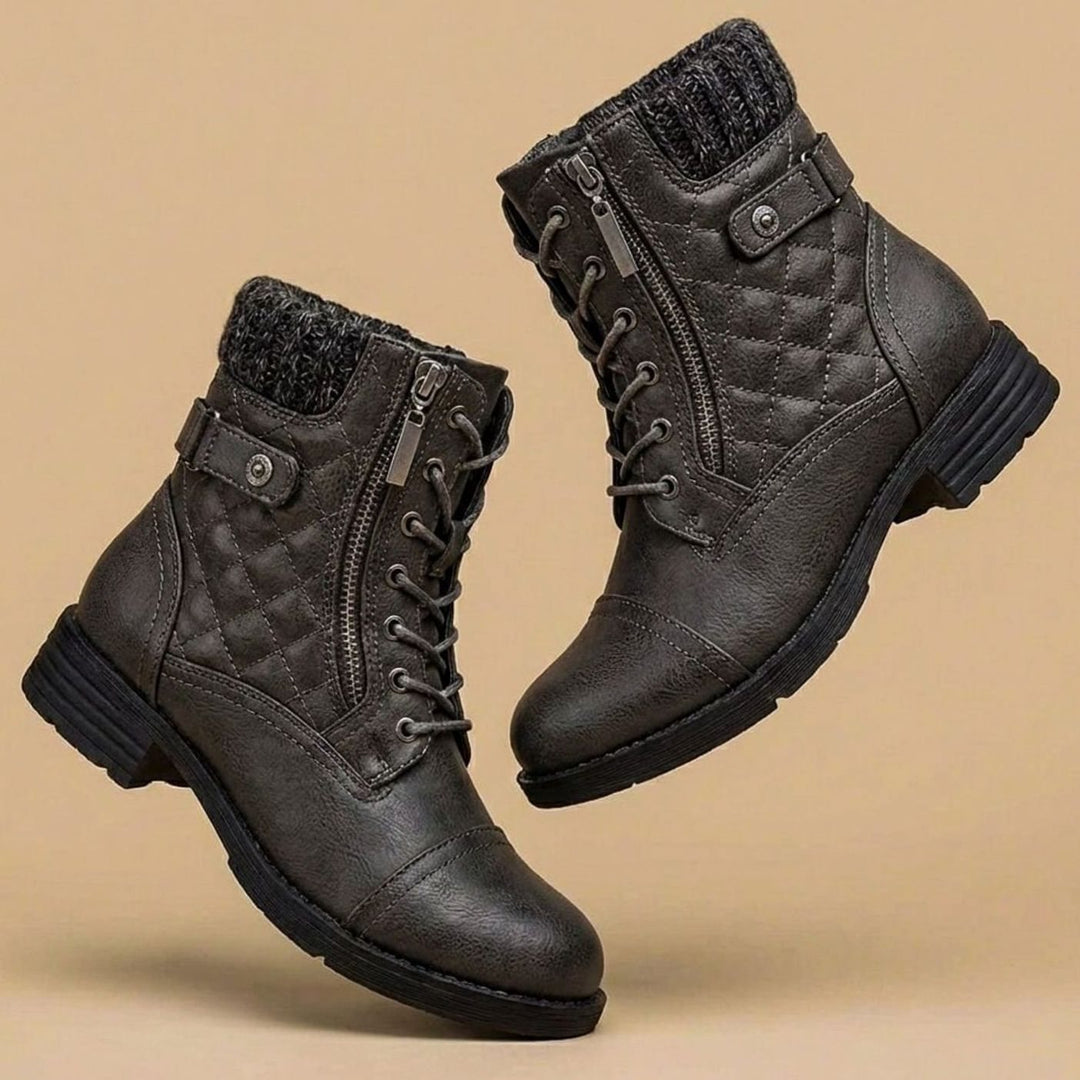 Women's Quilted Faux Leather Lace-Up Ankle Boots Block Heel - Slate Grey