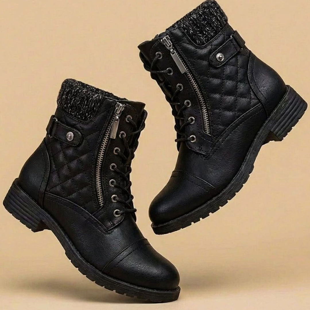 Women's Quilted Faux Leather Lace-Up Ankle Boots Block Heel - Midnight Black