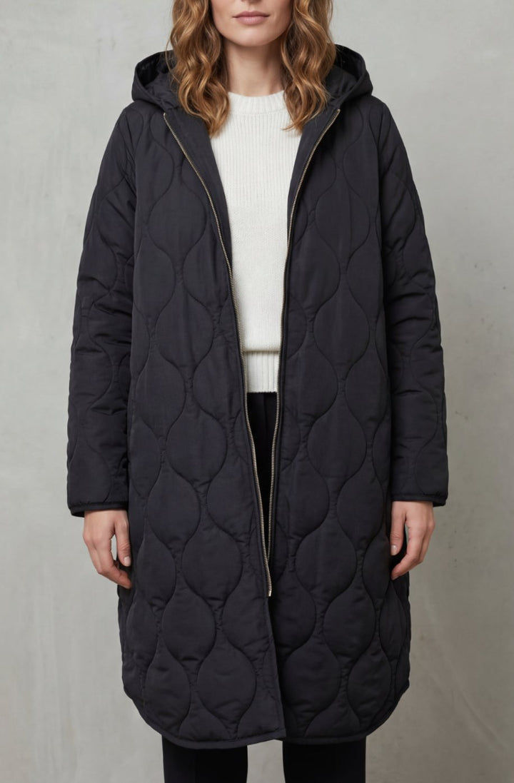 Women's Quilted Hooded Long Parka Coat - Dark Blue