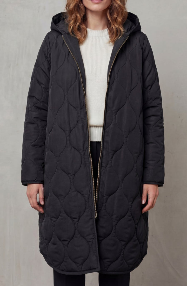 Women's Quilted Hooded Long Parka Coat - Black