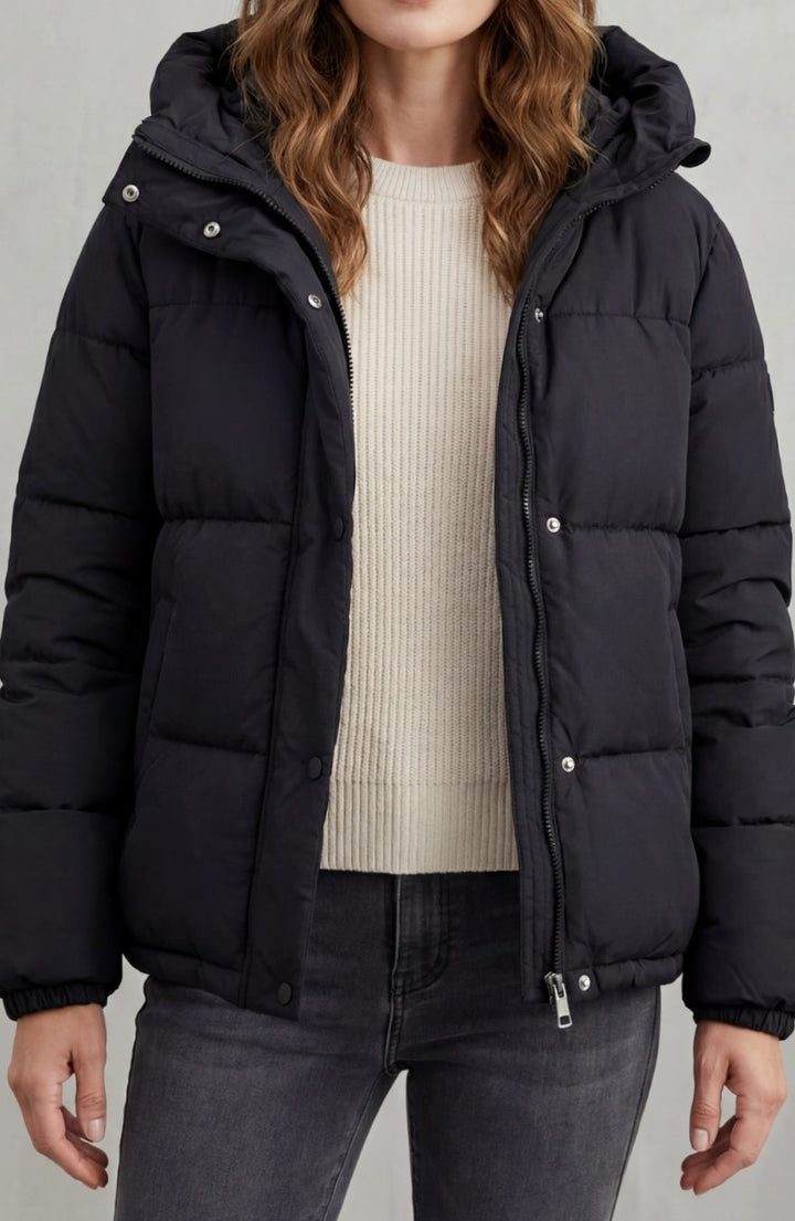 Women's Quilted Hooded Puffer Jacket Padded Winter Coat - Black
