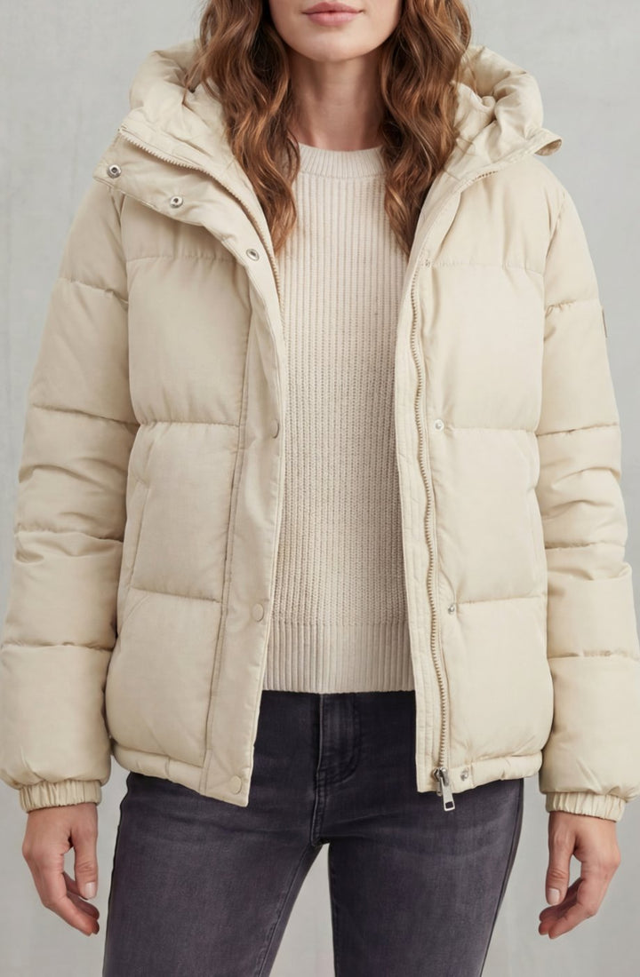 Women's Quilted Hooded Puffer Jacket Padded Winter Coat - Cream