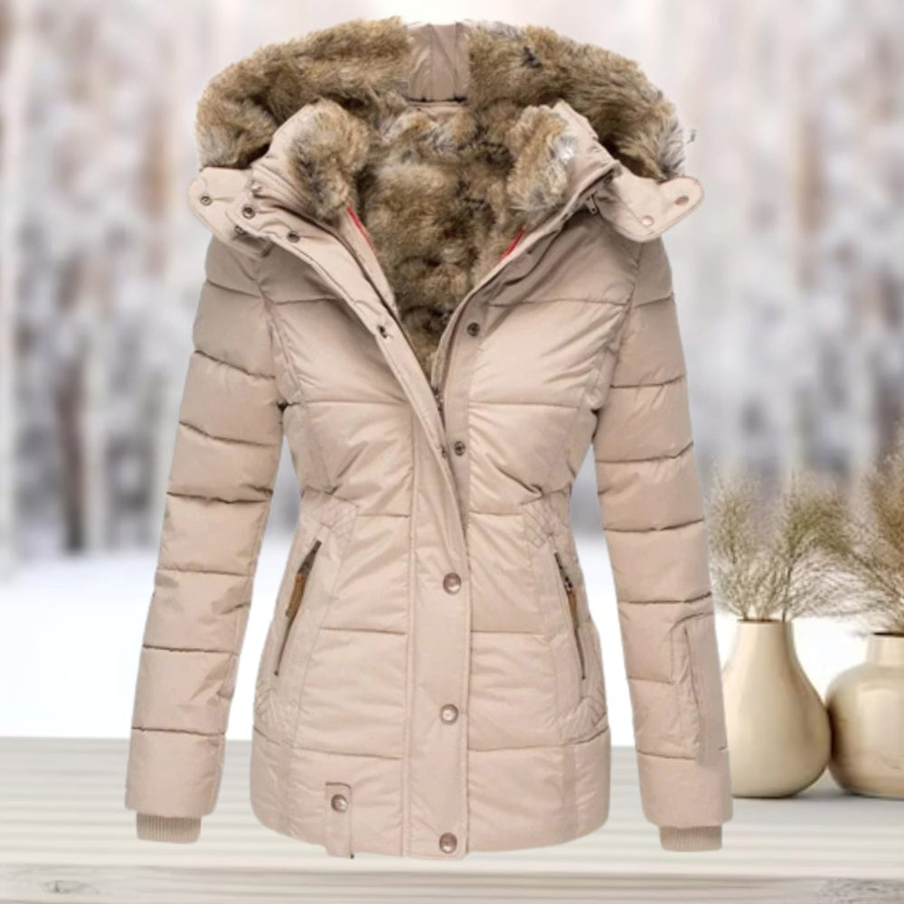 Women's Quilted Hooded Winter Coat Faux Fur Trim - Apricot