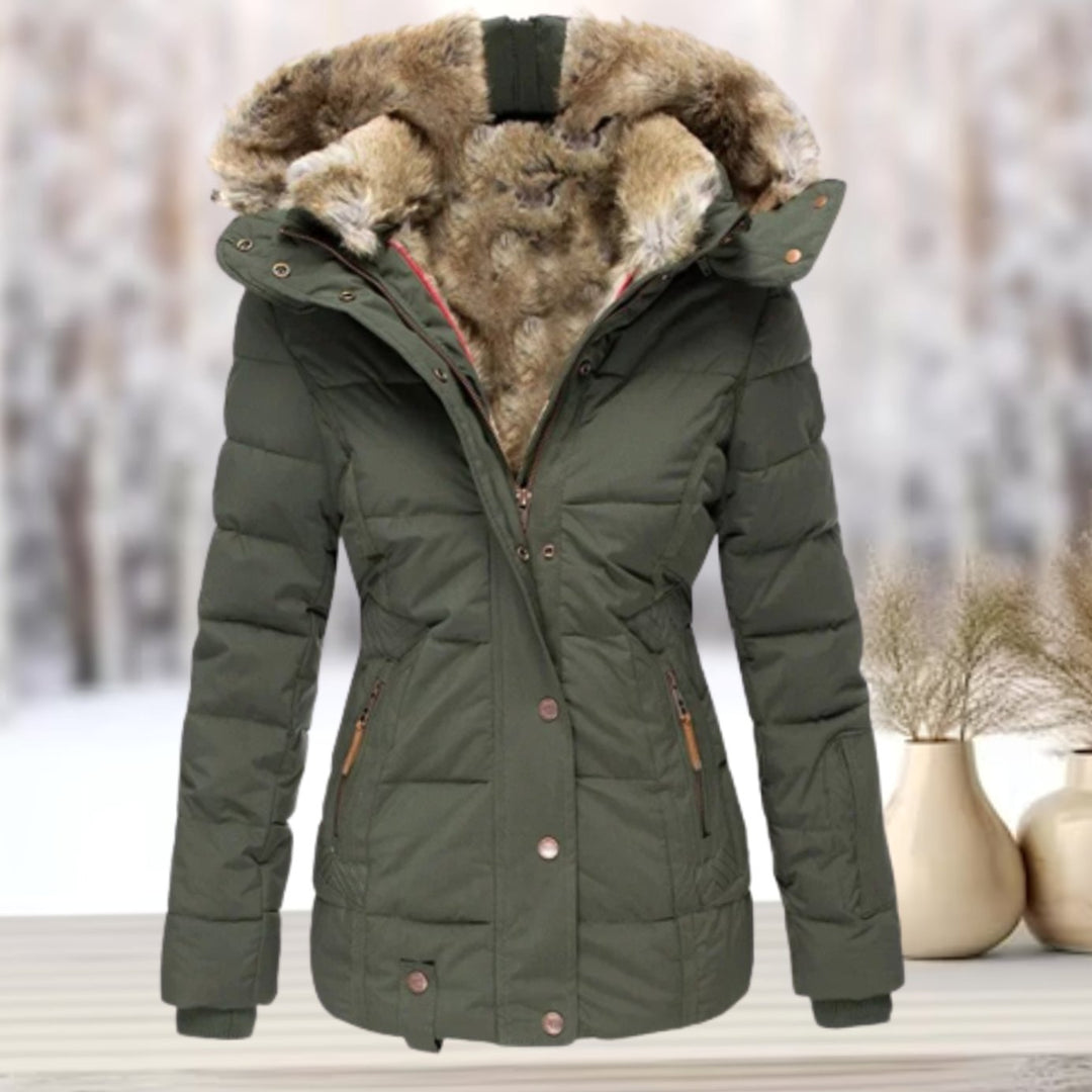 Women's Quilted Hooded Winter Coat Faux Fur Trim - Olive Green