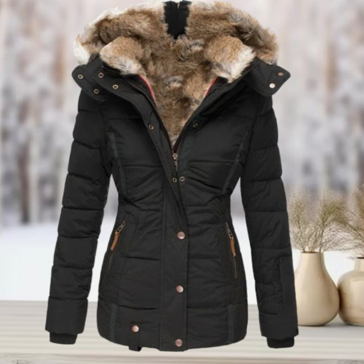 Women's Quilted Hooded Winter Coat Faux Fur Trim - Black