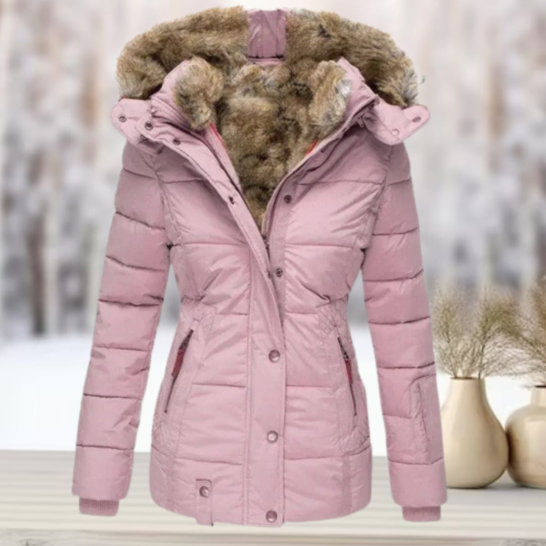 Women's Quilted Hooded Winter Coat Faux Fur Trim - Pink