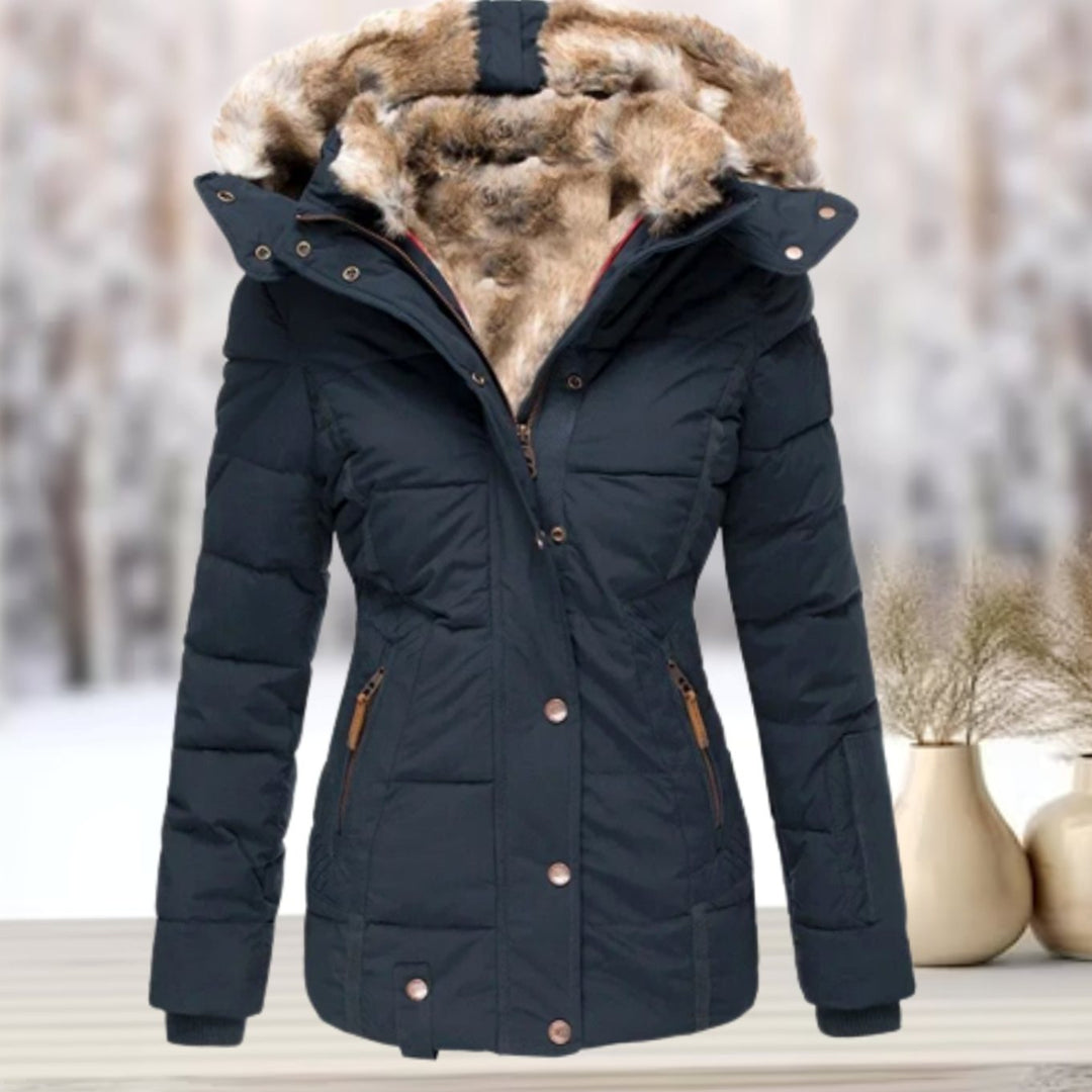 Women's Quilted Hooded Winter Coat Faux Fur Trim - Dark Blue