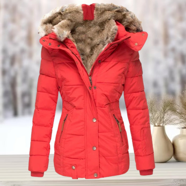 Women's Quilted Hooded Winter Coat Faux Fur Trim - Red