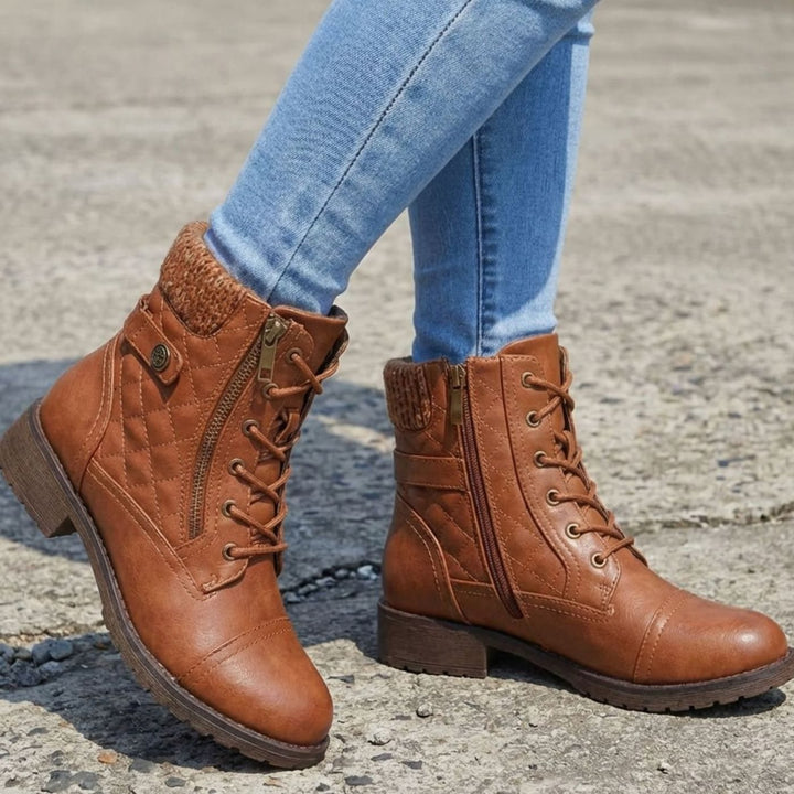 Women's Quilted Leather Lace-Up Block Heel Ankle Boots - Brown