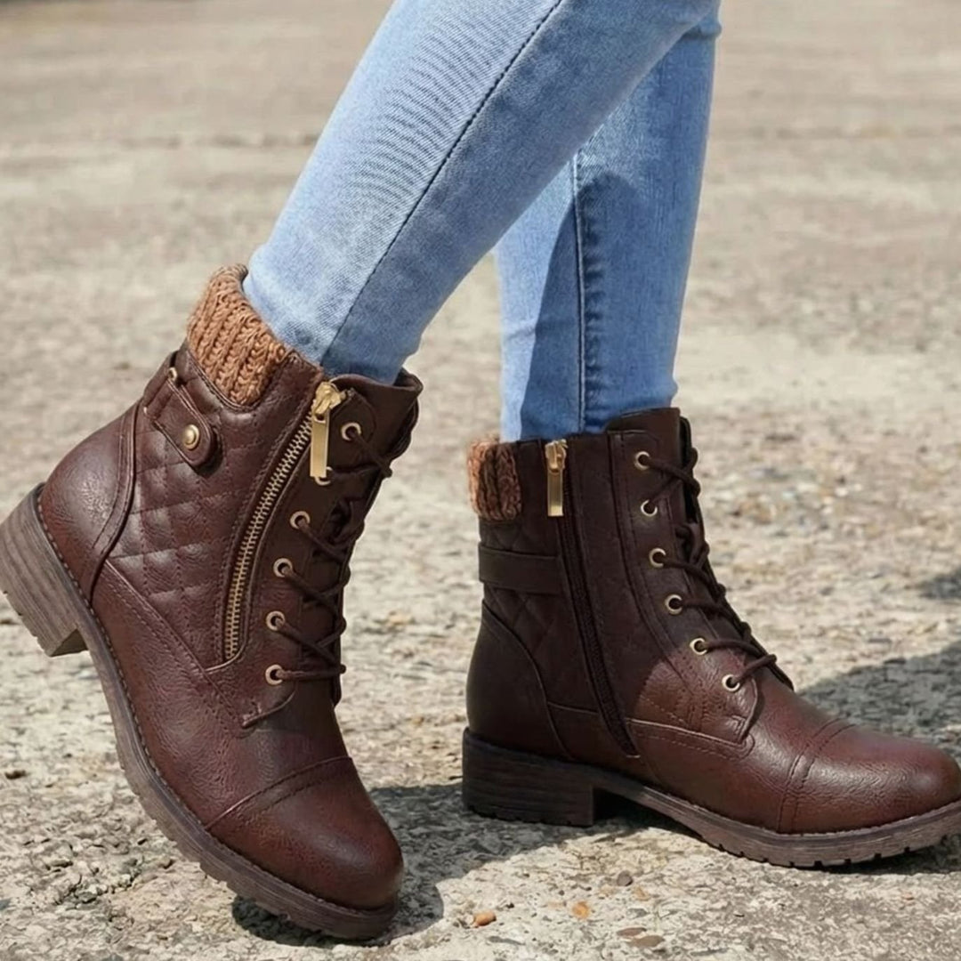 Women's Quilted Leather Lace-Up Block Heel Ankle Boots