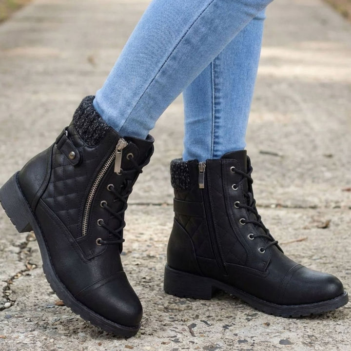 Women's Quilted Leather Lace-Up Block Heel Ankle Boots - Black