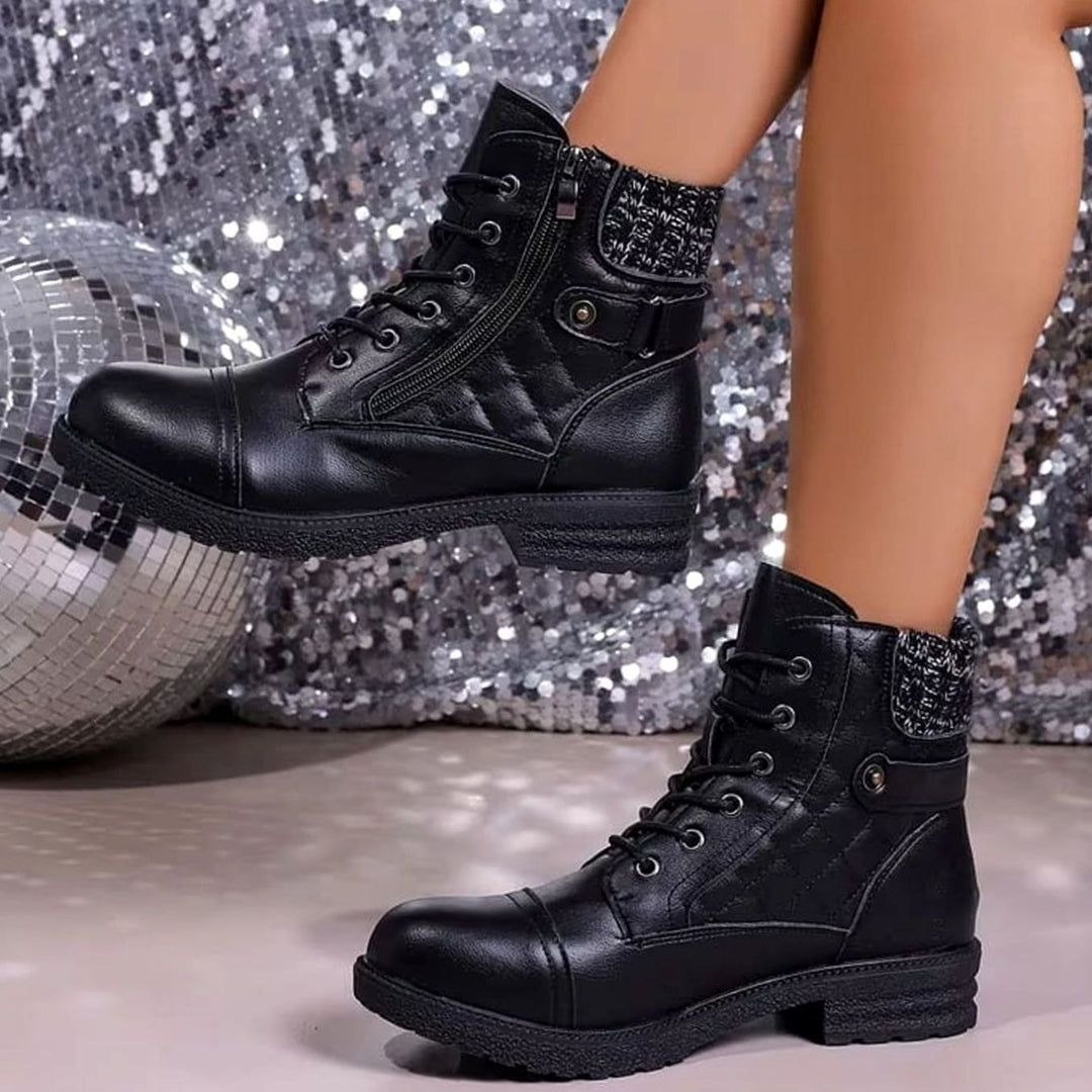 Women's Quilted Leather Lace-Up Block Heel Ankle Boots