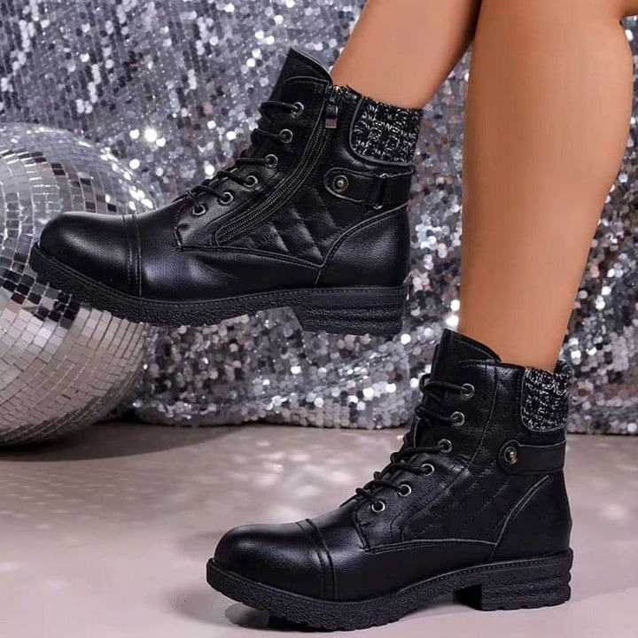 Women's Quilted Leather Lace-Up Block Heel Ankle Boots