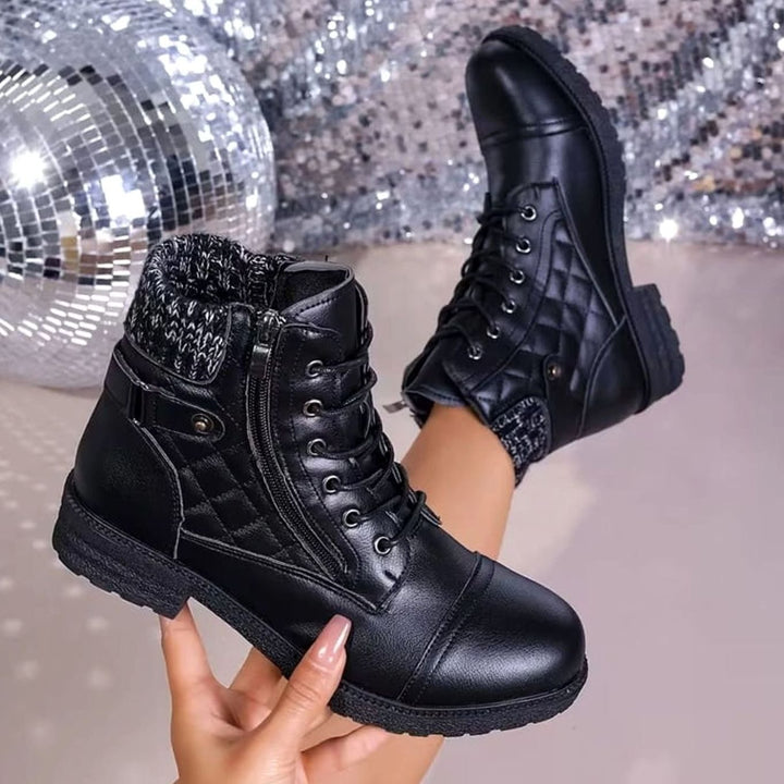 Women's Quilted Leather Lace-Up Block Heel Ankle Boots