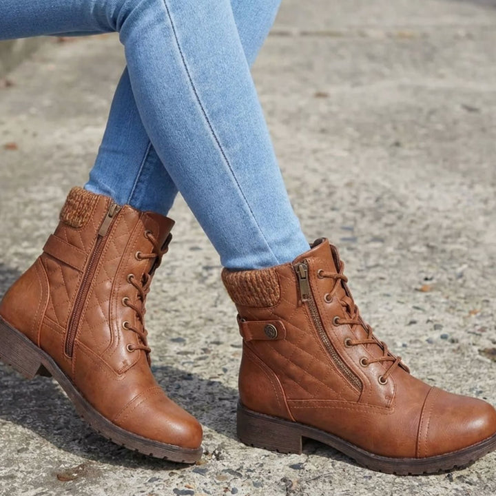 Women's Quilted Leather Lace-Up Block Heel Ankle Boots