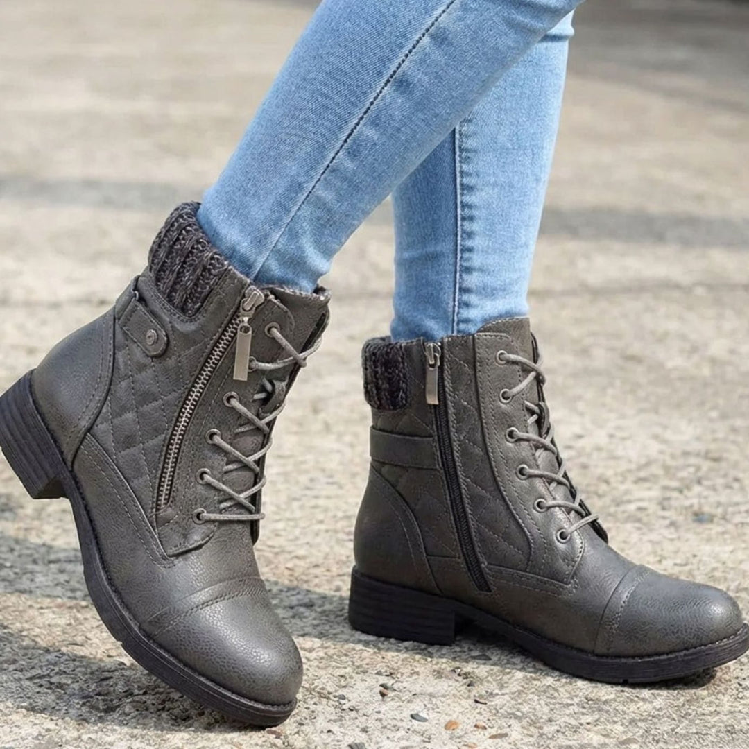 Women's Quilted Leather Lace-Up Block Heel Ankle Boots - Grey