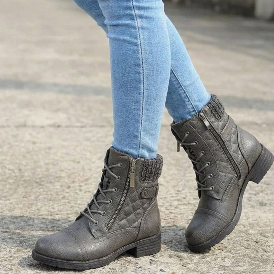 Women's Quilted Leather Lace-Up Block Heel Ankle Boots
