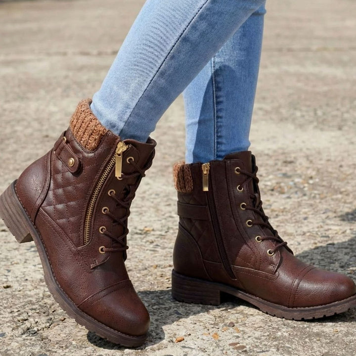 Women's Quilted Leather Lace-Up Block Heel Ankle Boots - Dark Brown