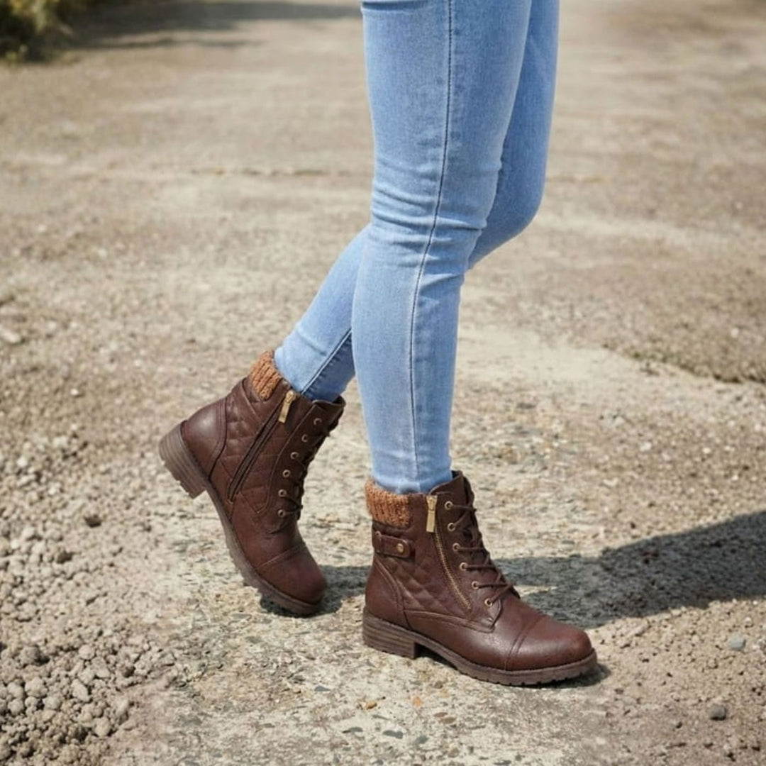 Women's Quilted Leather Lace-Up Block Heel Ankle Boots