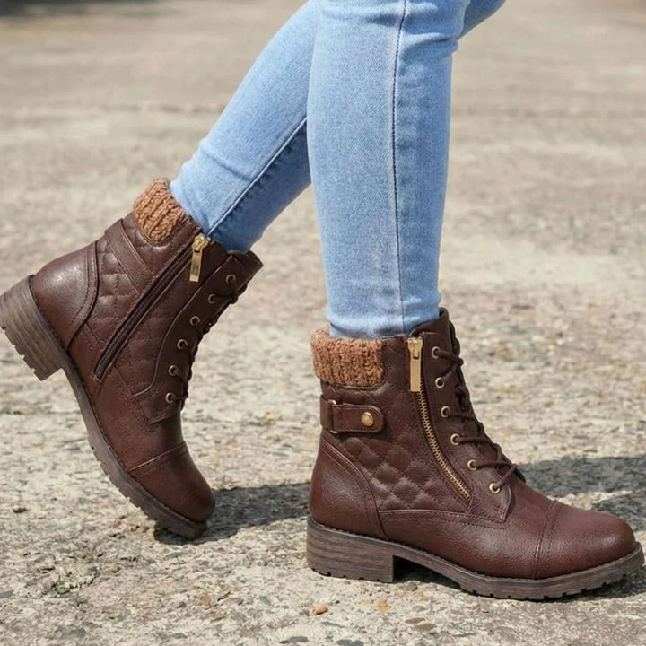 Women's Quilted Leather Lace-Up Block Heel Ankle Boots