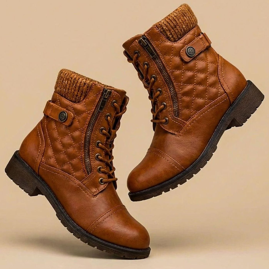 Women's Quilted Leather Lace-Up Combat Ankle Boots Knit Cuff - Mocha Brown