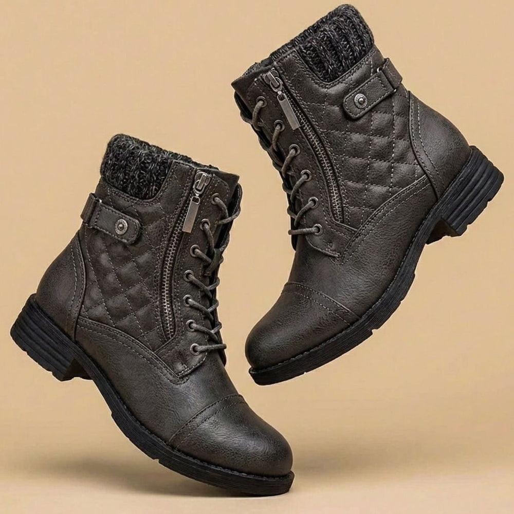 Women's Quilted Leather Lace-Up Combat Ankle Boots Knit Cuff - Slate Grey