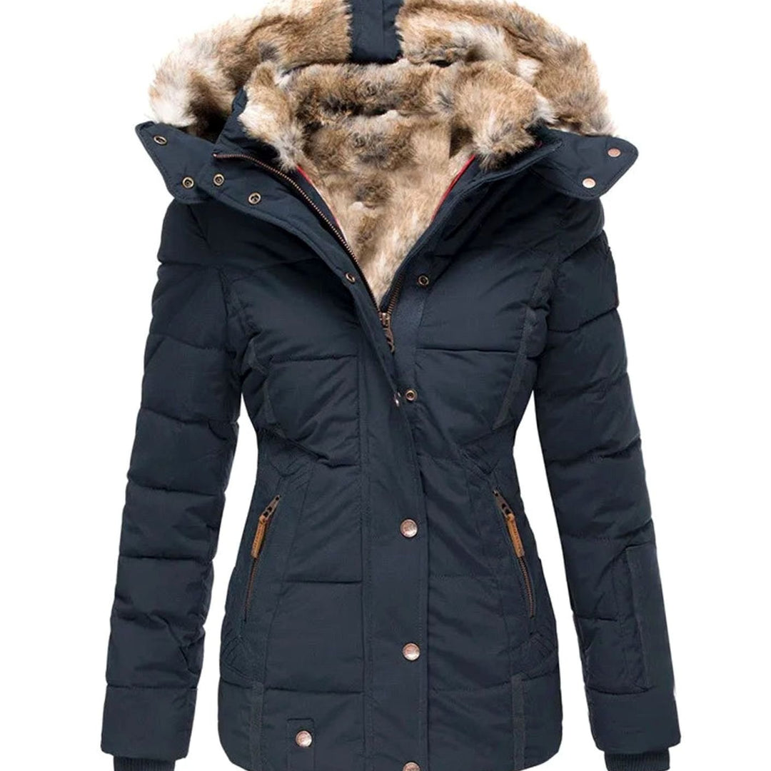 Women's Quilted Puffer Jacket Faux Fur Hooded Winter Coat - Blue