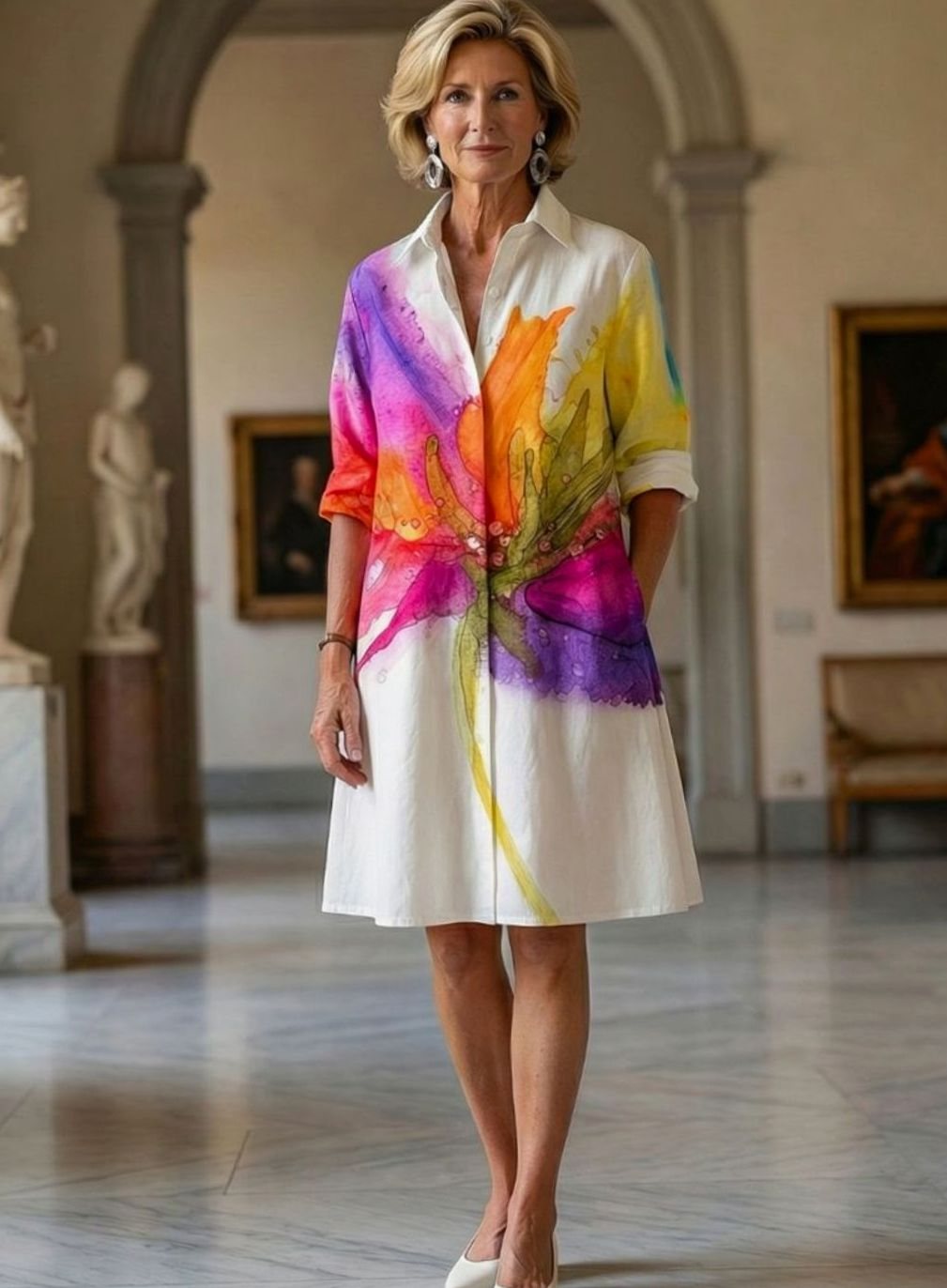 Women's Relaxed A-Line Watercolour Floral Day Dress Knee Length