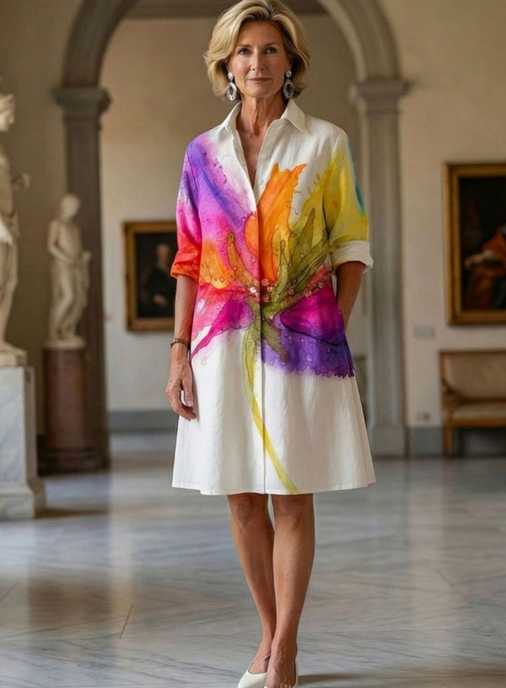 Women's Relaxed A-Line Watercolour Floral Day Dress Knee Length
