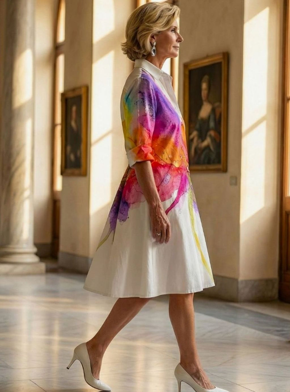 Women's Relaxed A-Line Watercolour Floral Day Dress Knee Length