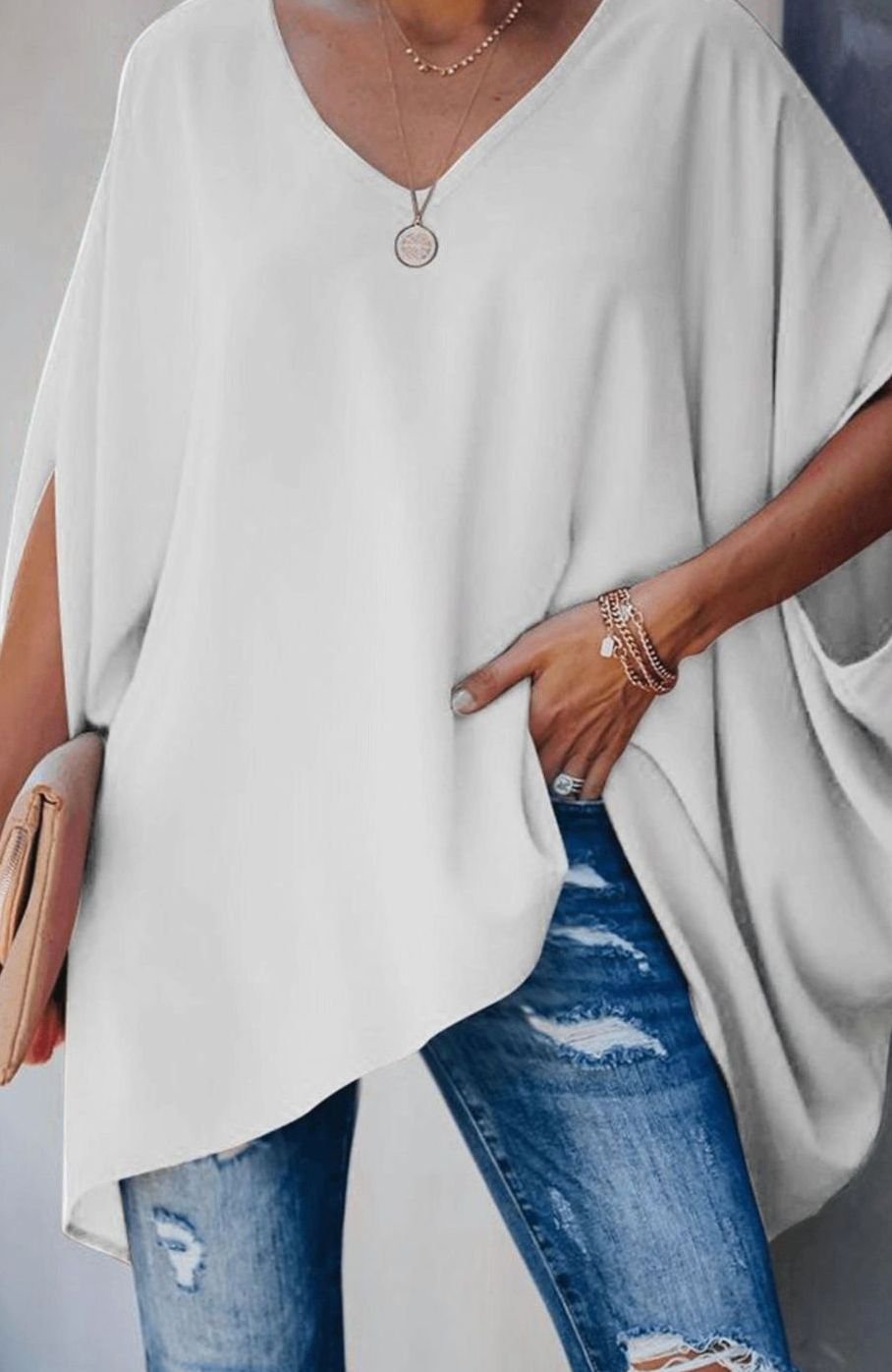 Women's Relaxed Batwing V-Neck Long-Sleeve Tunic Blouse