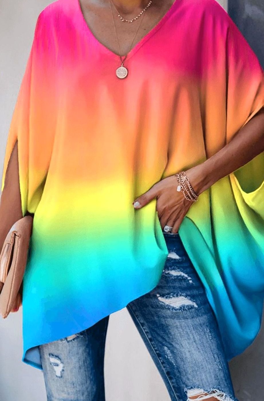 Women's Relaxed Batwing V-Neck Long-Sleeve Tunic Blouse