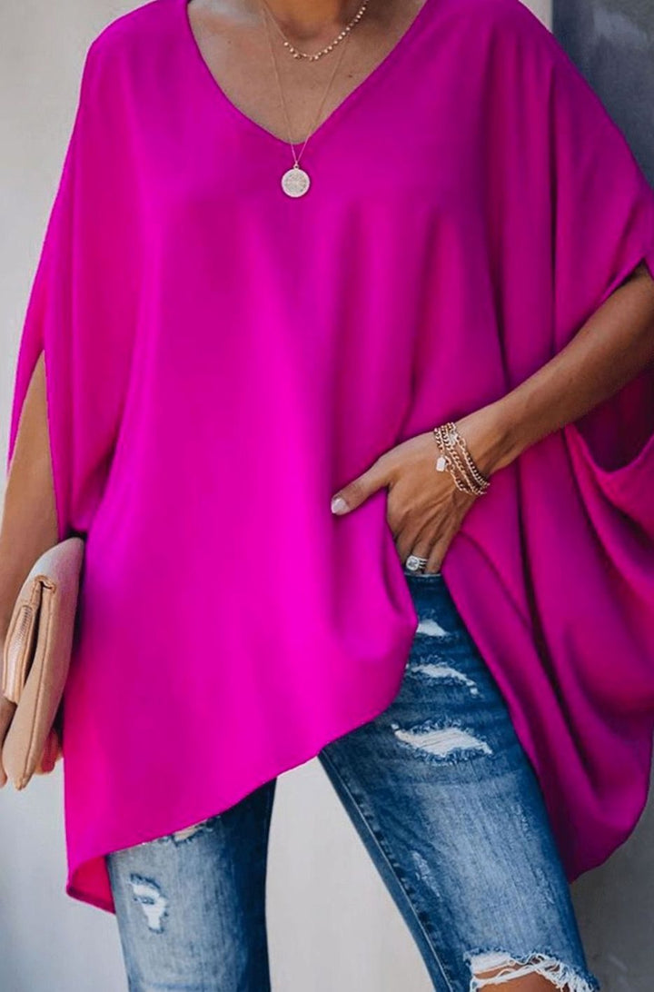 Women's Relaxed Batwing V-Neck Long-Sleeve Tunic Blouse